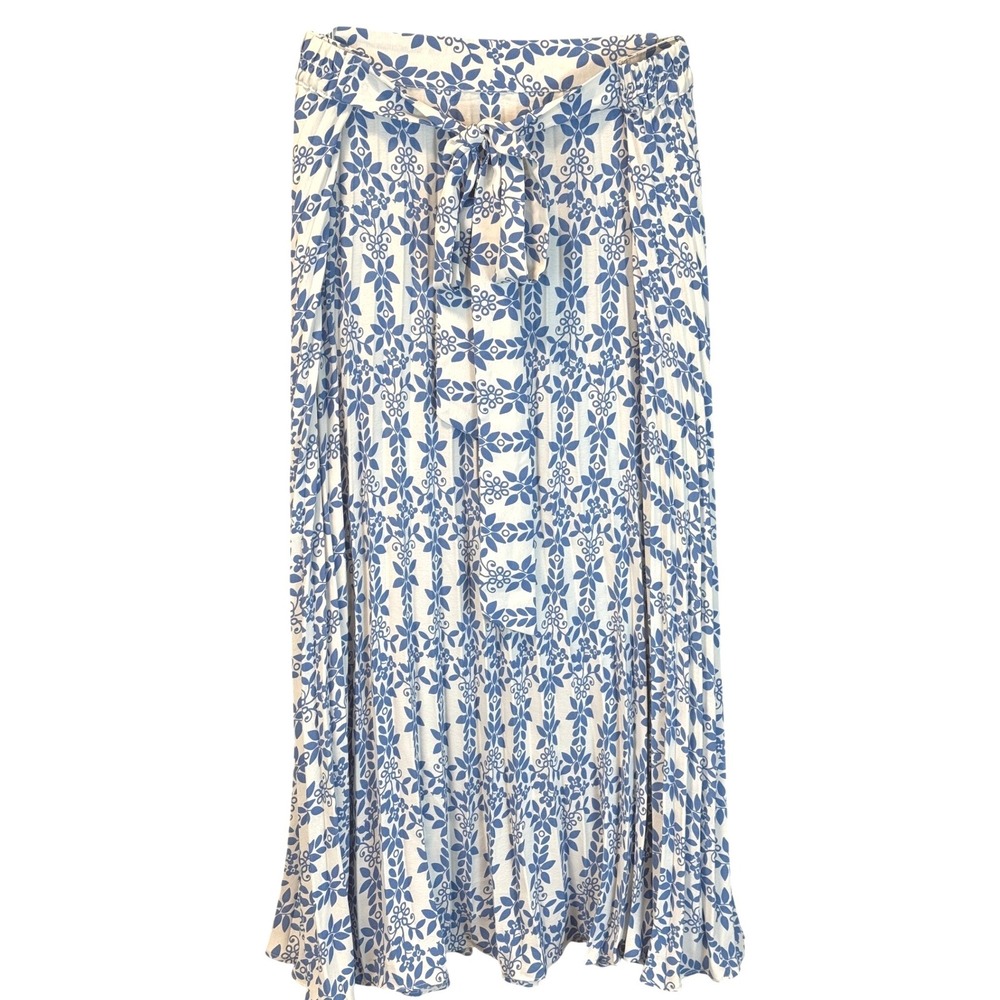 Skies Are Blue - Blue and White Floral Pleated Midi Skirt Tie Waist Size Large